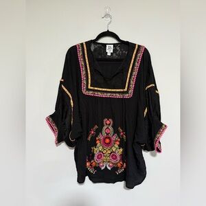Ivy Jane Black Embroidered Popover Top Large Lace Trim Boho Festival Retro